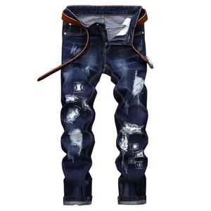 Mäns jeans Män rippade nödställda förstörda rakt passade tvättade denim jeans plus storlek 40 42 män blå casual jeans punk kläder t221102