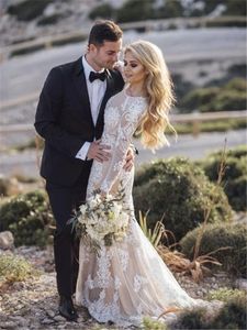 Verngo Boho Abito da sposa Pizzo maniche lunghe Abiti da sposa Sirena Nude Fodera Abito da sposa Bianco avorio Primavera Paese Vestidos