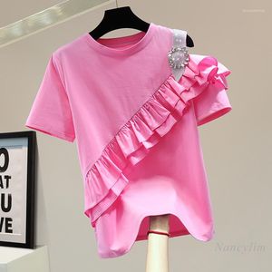 Kadın Tişörtleri Seksi Omuz Dışında Elmas Kısa Kollu T-Shirt Kadın 2022 Yaz Üstü Kore tarzı Flouce Stitching Düz Renkli Tees