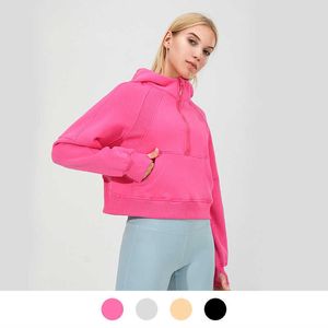 LU-88248 Yoga Half Zipper Scuba Hoodie Thumb Hole Thick Hooded Coat Sports Gym Fitness Women's Jacket Sweater