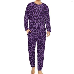 Pijama de leopardo roxo de roupas de sono masculina outono 2 peças impressão animal kawaii pijama conjunta homens manga longa calça gráfica casual grande tamanho 4xl