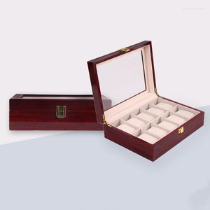 Caixas de relógio Luxury 10 grades caixa de armazenamento de madeira vinho vermelho cozimento de jóias coleta de jóias exibição de madeira Organizador de estojo de caixa