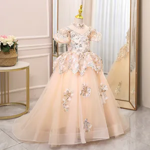 2022 Flower Girls Dresses Sheer Neck Long train Hand Made Flowers Kids Formal Wear beaded crystal Satin Girl Dress For Wedding