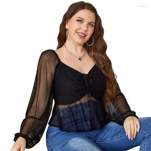 Shirt Plus Size Tops 2022 Women Fashion Long Sleeve Black Dot Mesh See Through Lace Up Elegant Ladies Autumn Clothing 4XL