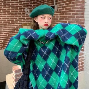 Kadın Sweaters Koreli Sonbahar Kış Jumper'ları D O boyun vintage Argyle Sweater Kadınlar Yeşil Ekose Örme Mahsul Rahat