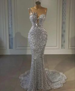 Sparkly Lades Silver Mermaid Prom Dresses 2023 Aso Ebi Arabisch Sheer Jewel Neck African kralen Avond verlovingsjurken