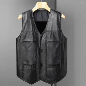 Men's Vests Vest Coat Single Breasted Windproof Faux Leather Plush Lining Buttons