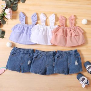 Kleidung Sets 0-4Years Sommer Säuglings Baby Mädchen 2 stücke Kleidung Solide Strap Ärmellose Rüschen Weste Tops Denim Shorts