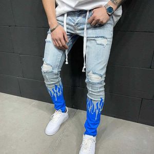 Jeans masculinos homens rasgados jeans slim fit calças moda chama impressão angustiado franja lápis jeans homme casual cordão skinny calças jeans t221102