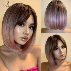 Synthetic Wigs EASIHAIR Ombre Brown Pink Short Bob Wigs with Bang for Women Heat Resistant Synthetic Straight Hair Wig for Women Cosplay Lolita T221103