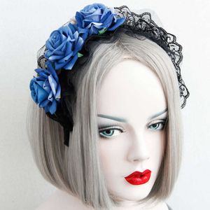 Black Maid Lace Headband With Blue Roses Festival Party Rose Bud Broadside Lace Headbands Halloween Accessories for Kids