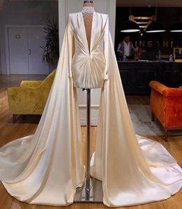 Long Evening Dress 2021 Sheer High Neck Long Sleeve Pearls Ivory Satin Dubai Women Short Formal Prom Gowns With Long Shawl wly935