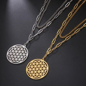 Anhänger Halsketten Gold Farbe Blume des Lebens Halskette Frauen Doppelschicht Pendent Vintage Ästhetischer Edelstahl Schmuck Wicca Geometrie