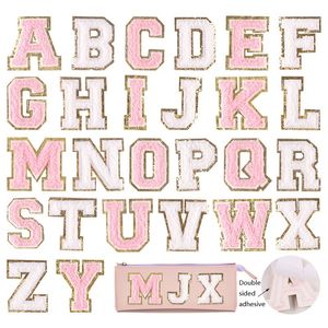 Notions 5,5 cm weiß-rosa Chenille-Buchstaben-Aufnäher zum Aufbügeln auf Handtücher, bestickte Alphabet-Glitzer-Pailletten, selbstklebende Aufnäher, Applikationen, DIY-Namensaufkleber