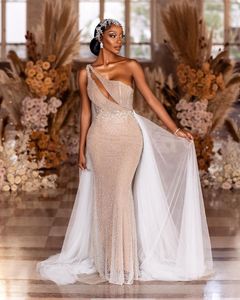 Mermaid Aso Ebi Wedding Dresses With Tulle Cloak Train One Shoulder Glitter Sequins Beaded Sexy Bridal Wedding Gown