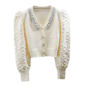 Kvinnors V-Neck Rhinestone-lappad Jacquard Weave Puff Long Sleeve Sticked Short Sweater Cardigan