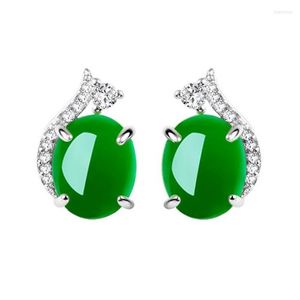 Brincos do garanhão Real 925 Sterling Silver for Women Lady Round Natural Green Jade Emerald Gemstone Party Jóias finas