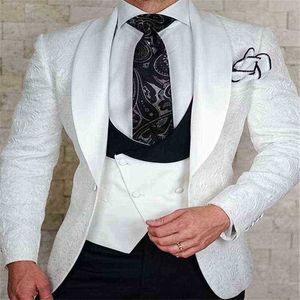 Nieuw ontwerp Fashion White Ivory Jacquard Men Suits For Wedding Formal Tuxedo Bruidy Evening Party Prom Blazer Jacket Black Pants J220811