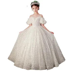 2023 White Crystal Flower Girls Dress for Wedding Pageant Dresses Ball Gown Pärled Toddler Spädbarnskläder Little Kids Födelsedagsklänningar