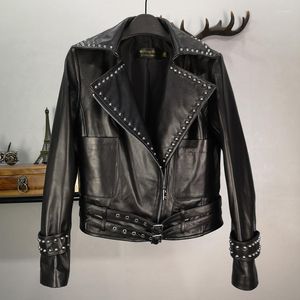 Skórzany nit sztyftowy kurtka damska motocyklowy motocyklowy rower naturalny prawdziwy płaszcz owepsykina żeńska czarna ubranie top