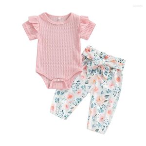 Clothing Sets Born Baby Girls Summer Outfit Casual Solid Color Short Sleeve Romper Floral Pants With Bowknot Suit Sweet Clothes Set