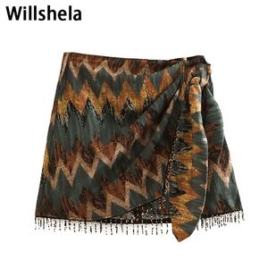 Skirts Willshela Women Fashion With Beading Printed Back Zipper Mini Vintage High Waist Female Chic Lady Short 221103