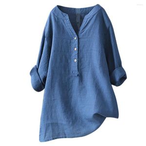 Camicette da donna Camicetta di lino tinta unita casual Donna Autunno Estate Camicia a maniche lunghe con scollo a V Lady Blusa allentata Pullove Top Plus Size 5XL