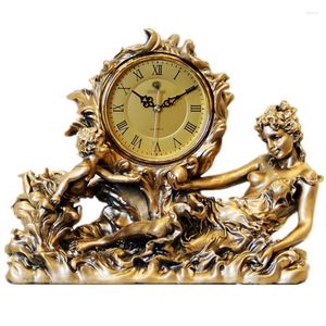 Table Clocks European Fashion Home Decor Golden Antique Watch Resin Clock Goddess & Angels Figurine Quartz Mute Geometric 6" Dial