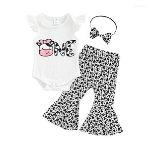 Completi di abbigliamento Born Baby Girl Pantaloni lunghi Completi Cartoon Cow Print Top senza maniche Modello di pelle Flare Bow-Knot Fascia per capelli