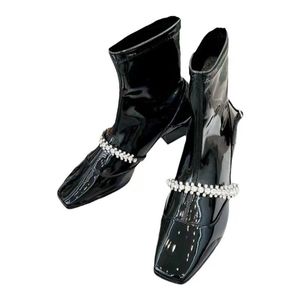 Rhinestone Square Head Elastic Boots Women's Shortboots Leather Flat Bottom Spring and Autumn Chelsea Slimboots