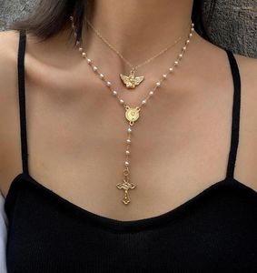ペンダントネックレスYouVanic Vintage Angle Cross Coin Necklace for Women Pearl Beads