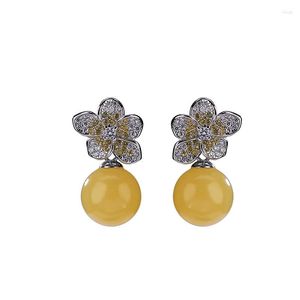 Stud￶rh￤ngen S925 Sterling Silver Natural Beeswax Amber Ladies Personality Peach Blossom Round Bead