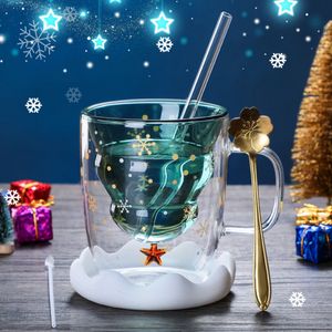 1PCクリエイティブクリスマスマグ層のダブルレイヤーアンチスカルドガラスツリーリッドガラスカップ高温コーヒーウィッシュカップクリスマスギフトSS1104