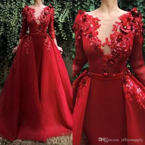 Vintage Red Mermaid Evening Formele jurk met afneembare trein kralen Appliqued Crystals Lange mouw Promjurken Robe de Soiree BC9478