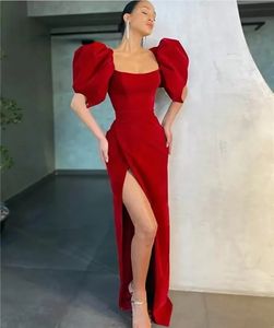 Red Wine Velour Long Evening Dress Puff Sleeves Square Neck High Side Slit Floor Length Dubai Party Prom Gown Dresses Es Es es