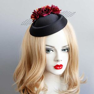 Halloween Costume Hair Accessories Black Fascinator Hat with Black Netted & Red Flower Festival Party Headbands