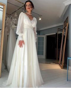 Vintage Lace Puff Langarmes Brautkleider Chiffon eine Linie gegen Halsbrautkleider bodenlange elegante Brautkleid