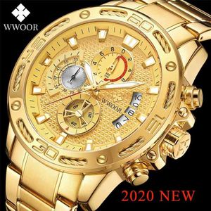 Wwoor Fashion Mens Watches Top Brand Luxury Gold Full Steel Quartz Watch Men Gort Port Chronograph Relogio Masculino 210329256S
