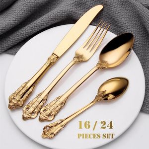 Dinnerware Sets 16 / 24 Pieces Royal Flatware Set Gold Stainless Steel 18-10 Unique Cutlery Wedding Tableware Fork Spoon Knive Silverware