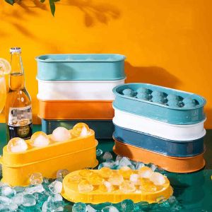 4/13 Grid Round Ball Ice Cube Tray Molds Makers Tools Kitchen Bar Party DIY Whisky Juice Cocktail Stackable Household Lid Reusable Moulds Easy Demolding