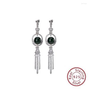 Brincos Dangle 925 Prata esterlina Brincho de âmbar azul natural para festas de noiva Jóias de casamento pavimentado Taqueca de zirconia cúbica