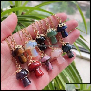 Pendant Necklaces Pendant Necklaces Pendants Jewelry Reiki Natural Stone Crystal Golden Chain Cute Mascot Mushroom Necklace Amethyst Otsck