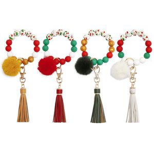 Christmas Silicone Beaded Bracelet Cartoon Tassel Key Chain Fur Ball Pendant Wrist Keychain Fashion Accessories