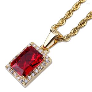 Collane con ciondolo Hip Hop Micro pavé di zirconi cubici Iced Out Bling Collana con pendenti quadrati in pietra rossa per gioielli da uomo Colore oro argento