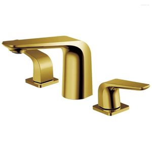Bathroom Sink Faucets High Quality Gold Faucet 2 Handles 3 Holes Bain Design Waterfall Golden Cold Water Wash Basin Tap