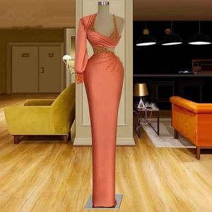 One Shoulder Orange Mermaid Evening Dresses pleated stain Beading Crystals Floor Length Cutside Fishtail Prom Reception Gown