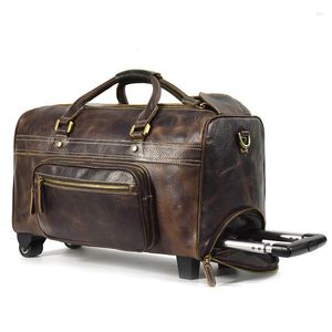 Duffel väskor Kvinnor Män Real Cow Leather Travel på hjul Rolling Bagagväska Trolley Duffle-på med Pull Rod Unisex Handväska