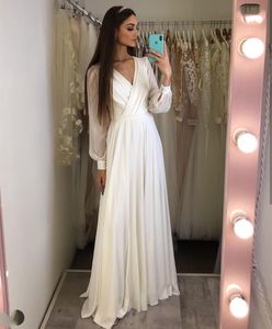 Wedding Dress V-Neck Long Sleeve Chiffon Side Slit Floor Length Simple Bridal Gowns Robe De Mariee Beach For Women White