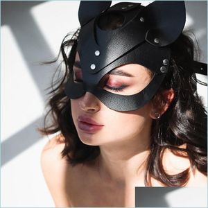 Feestmaskers maskers dames lederen zwart konijn oren masker bdsm fetisj catwoman cat Halloween Masquerade Party Cosplay Drop Dhxe5
