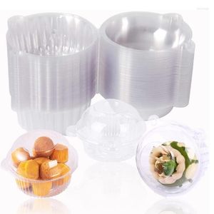 ギフトラップ100pcsクリアカップケーキボックス個々のプラスチックドームシングルホルダーヒンジ付き食品容器付きキッチン